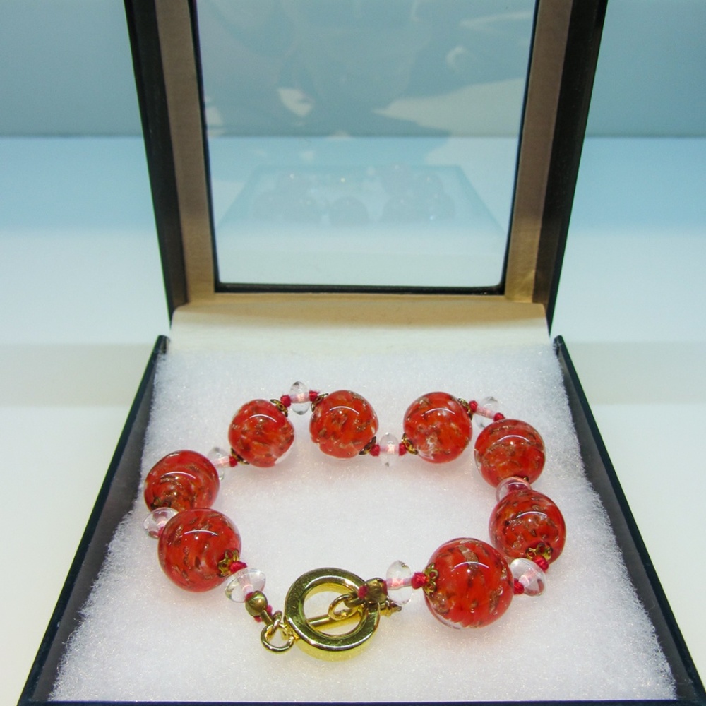 Murano red orange Aventurine Art Glass Bracelet
